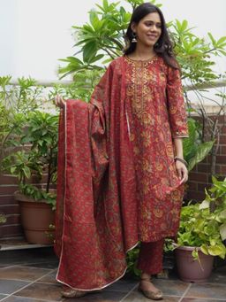 Spring Soul - Red Block Printed Kurta with Pant and Dupatta