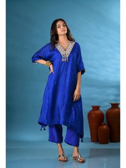 SHOP GULMOHAR - Noori Blue V-Neck Mirror Work Kurta with Pant and Inner