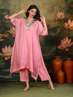 SHOP GULMOHAR - Zuri Light-Pink V-Neck Mirror Work Kurta with Pant and Inner