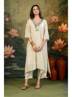 SHOP GULMOHAR - Tara Golden V-Neck Mirror Work Beige Kurta with Pant and Inner