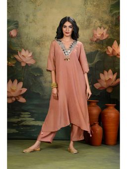SHOP GULMOHAR - Chandni Pink V-Neck Mirror Work Kurta with Pant and Inner