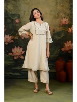 SHOP GULMOHAR - Tara Golden Handwork Yoke Beige Kurta with Pant and Inner