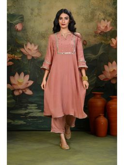 SHOP GULMOHAR - Chandni Pink Handwork Yoke Kurta with Pant and Inner