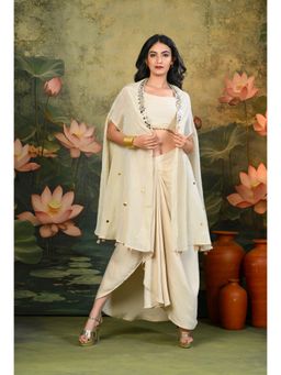 SHOP GULMOHAR - Tara Golden Beige Lehenga with Stitched Blouse and Cape