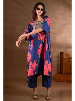 SHOP GULMOHAR - Blue Crepe Printed Mirror-Work Yoke Kurta with Pant