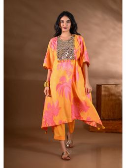 SHOP GULMOHAR - Yellow Crepe Printed Mirror-Work Yoke Kurta with Pant