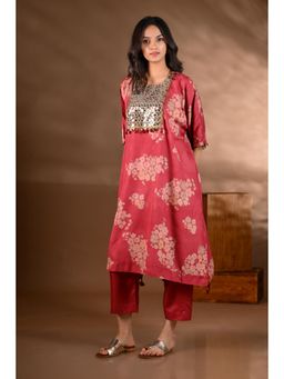 SHOP GULMOHAR - Red Crepe Printed Mirror-Work Yoke Kurta with Pant
