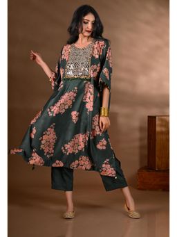 SHOP GULMOHAR - Green Crepe Printed Mirror-Work Yoke Kurta with Pant