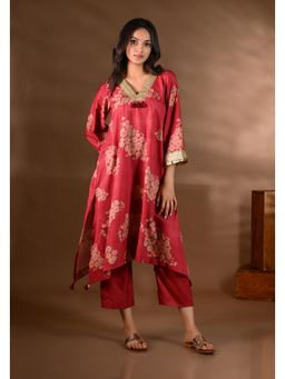 SHOP GULMOHAR - Red Crepe V-Neck Lace-Work Kurta with Pant