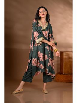 SHOP GULMOHAR - Green Crepe V-Neck Lace-Work