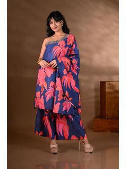 SHOP GULMOHAR - Blue Crepe One-Shoulder Mirror-Work Co-Ord Set
