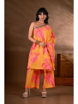 SHOP GULMOHAR - Yellow Crepe One-Shoulder Mirror-Work Co-Ord Set