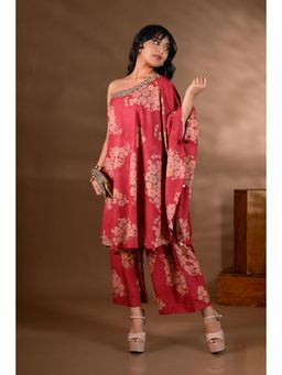 SHOP GULMOHAR - Red Crepe One-Shoulder Mirror-Work Co-Ord Set