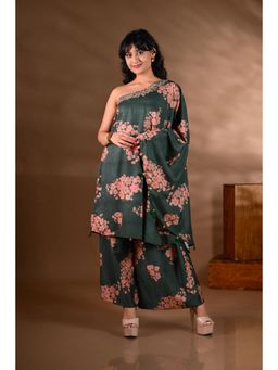 SHOP GULMOHAR - Green Crepe One-Shoulder Mirror-Work Co-Ord Set