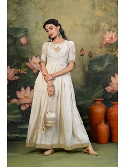 SHOP GULMOHAR - Saher Golden Embroidered Ivory Anarkali Kurta