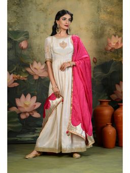 SHOP GULMOHAR - Saher Golden Embroidered Ivory Anarkali with Magenta-Pink Dupatta