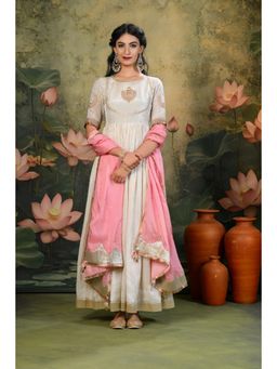 SHOP GULMOHAR - Saher Golden Embroidered Ivory Anarkali with Light-Pink Dupatta