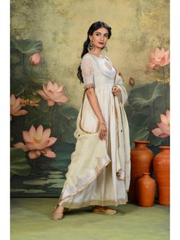 SHOP GULMOHAR - Saher Golden Embroidered Ivory Anarkali with Crush Golden Dupatta