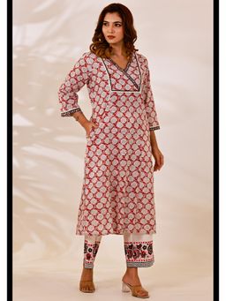 Maitri Jaipur - Red Sanganer Hand Block Print Kalidar Kurta with Pant