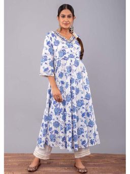 Maitri Jaipur - White Open Jaal Print Anarkali Kurta With Pant