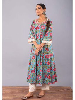 Maitri Jaipur - Teal Blue Floral Print Anarkali Kurta With Pant