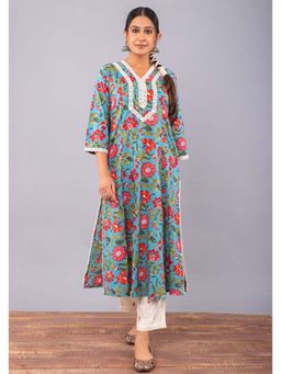 Maitri Jaipur - Teal Blue Block Printed A-Line Kurta With Pant