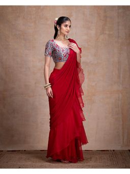 THE FRONT ROW COUTURE BY SEEMA KASHYAP - Pre-Draped Red Saree with Stitched Blouse