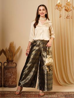 Globus - Women Navy Blue & Golden Floral Jaal Print Partially Elasticated Wide Leg Ethnic Palazzo