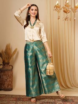 Globus - Women Teal & Golden Floral Jaal Print Partially Elasticated Wide Leg Palazzo
