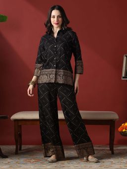 Globus - Black Collared Neck Bandhani Print Co-Ord Set