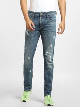 Jack & Jones - Blue Low Rise Paint Detail Slim Jeans