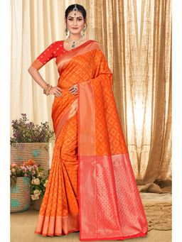 EXCLUSIVA - Orange Banarasi Saree with Unstitched Blouse