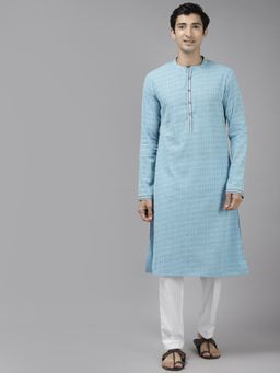 See Designs - Men Blue & White Printed Straight Kurta with Pyjama (Set of 2)