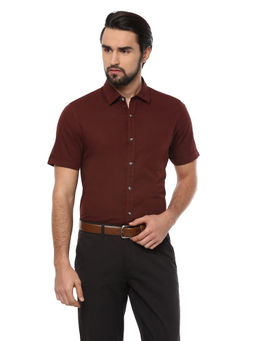 Peter England - Men Maroon Linen Blend Regular Fit Shirt