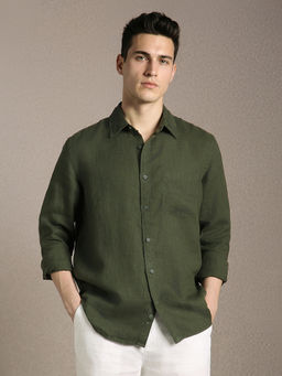Louis Philippe - Men Olive Linen Relaxed Fit Shirt