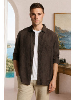 Louis Philippe - Men Brown Linen Relaxed Fit Shirt