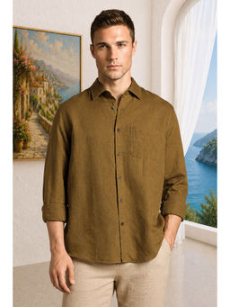 Louis Philippe - Men Brown Cotton Linen Relaxed Fit Shirt