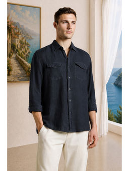 Louis Philippe - Men Navy Blue Linen Relaxed Fit Shirt