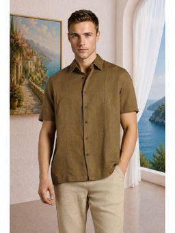 Louis Philippe - Men Brown Cotton Linen Relaxed Fit Shirt