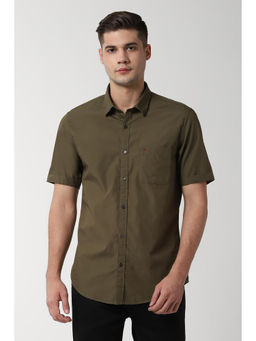 Peter England - Men Olive Cotton Slim Fit Shirt