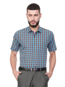 Peter England - Men Blue Cotton Blend Regular Fit Shirt