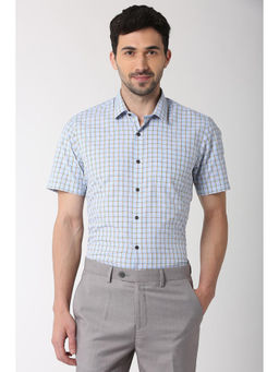 Peter England - Men Blue Cotton Blend Regular Fit Shirt