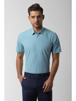 Peter England - Men Blue Cotton Blend Regular Fit Shirt
