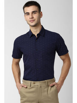 Peter England - Men Navy Blue Cotton Blend Slim Fit Shirt