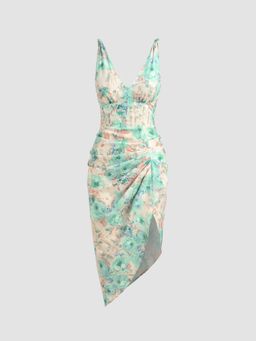 Cider - Sea Green Illusion Floral Ruched Midi Dress