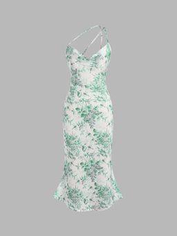 Cider - Green Floral & Dragonfly Cowl Neck Midi Dress