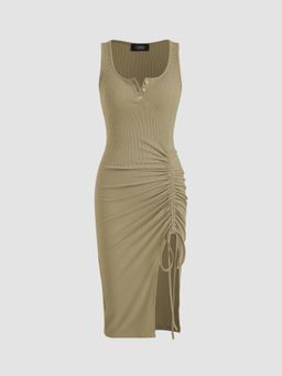 Cider - Khaki Rib Button Drawstring Midi Dress