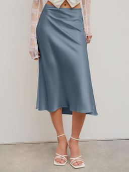 Cider - Blue Satin Solid Ruffle Long Skirt