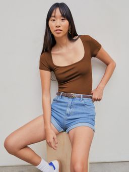 Cider - Brown Solid Square Neck Short Sleeve Bodysuit