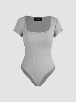 Cider - Grey Solid Square Neck Short Sleeve Bodysuit